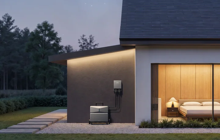 Módulo E10 y una batería sobre carro, con Smart Inlet Box separado junto a una vivienda al anochecer