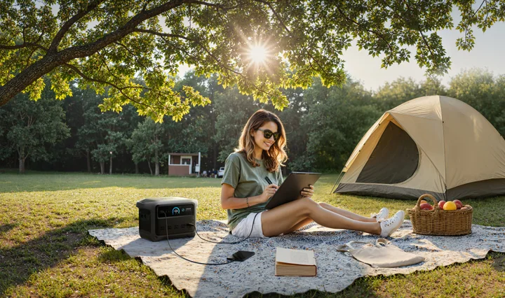 Anker SOLIX C1000 Gen 2 junto a una tienda de campaña, cargando una tableta